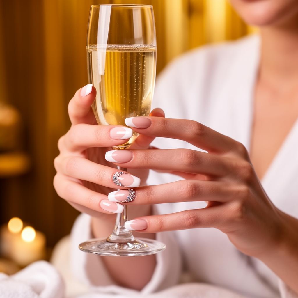Classic French manicure with crystal details