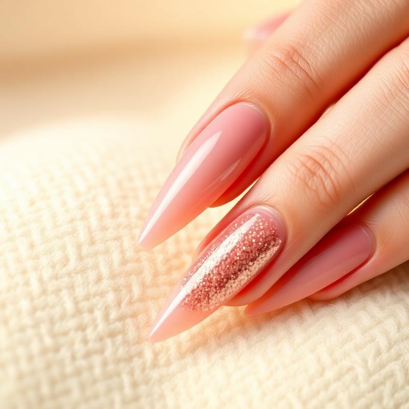 Nude pink stiletto nails with rose gold glitter ombre