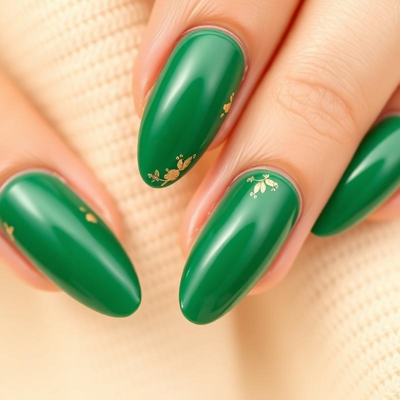 Emerald green almond nails with gold leaf detail